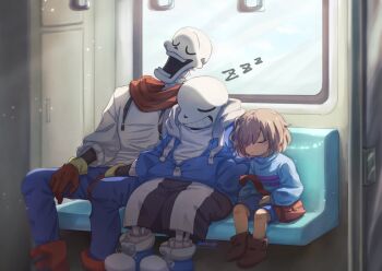 1other 2boys bag boots brown_hair child chinese_commentary closed_eyes commentary_request crossbody_bag frisk_(undertale) gloves grin hands_in_pockets head_on_another's_shoulder highres hood hood_down hoodie leaning_on_person light_particles multiple_boys open_mouth pants papyrus_(undertale) partially_unzipped sans_(undertale) scarf shoes short_hair shorts shoulder_bag sitting skeleton sleeping smile sneakers socks sweater train_interior undertale utdr_(toby_fox) window zomcoe zzz