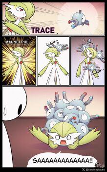 absurdres artist_name bob_cut colored_skin dress gardevoir gen_1_pokemon gen_3_pokemon green_hair green_skin highres magnemite magnet magnet_pull_(pokemon) multicolored_skin nintendo one-eyed pink_eyes pokemon pokemon_(creature) signature smile speech_bubble sweatdrop trace_(pokemon_ability) two-tone_skin white_dress white_skin winkyfaces