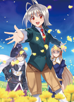 >:( 1other 2girls :d antenna_hair bare_shoulders black_hair black_hairband black_kimono blazer blonde_hair blue_eyes blue_sky blurry blurry_foreground blush breasts brown_eyes brown_shorts character_request cleavage closed_mouth cover_image day detached_sleeves feet_out_of_frame foreshortening green_jacket hairband hakama hand_on_own_hip high_ponytail jacket japanese_clothes kabocha_(monkey4) kimono large_breasts long_hair long_sleeves looking_at_viewer medium_breasts multiple_girls necktie nidome_no_jinsei_wo_isekai_de novel_illustration obi official_art open_mouth outdoors outstretched_arms parted_lips petals photoshop_(medium) ponytail reaching reaching_towards_viewer red_neckwear rona_chevalier sash scarf second-party_source shaded_face shion_femme_fatale short_hair shorts side_slit silver_hair sky slit smile spread_arms standing sweatdrop teeth textless_version upper_teeth_only v-shaped_eyebrows very_long_hair white_legwear white_scarf wide_sleeves