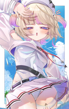 1girl absurdres arms_up bare_shoulders beach belt black_belt blonde_hair blue_sky blush border breasts bubble cloud commentary_request cowboy_shot cropped_sweater doom_yorusen four-pointed_star hat highres hololive hololive_dev_is long_sleeves looking_at_viewer medium_breasts multicolored_hair ocean official_alternate_costume one-piece_swimsuit open_mouth outdoors outside_border palm_tree purple_eyes purple_nails purple_streaks sand short_hair short_twintails skirt sky solo standing streaked_hair sweater swimsuit thigh_belt thigh_strap todoroki_hajime todoroki_hajime_(regloss_uniform) tree twintails virtual_youtuber water white_belt white_border white_hat white_one-piece_swimsuit white_skirt