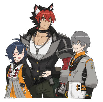 1girl 2boys ahoge animal_ear_fluff animal_ears arms_behind_back bandaged_arm bandages belle_(delicate_sunlight)_(zenless_zone_zero) belle_(zenless_zone_zero) black_gloves black_jacket blue_hair blush body_fur brother_and_sister cargo_pants chinese_clothes closed_eyes closed_mouth collar collarbone cowboy_shot crossed_bangs dog_boy dog_ears dress dress_over_shirt ear_piercing fingerless_gloves gloves green_eyes green_pants grey_hair grey_jacket hair_between_eyes hair_ornament highres jacket jewelry komano_manato letter_hair_ornament looking_at_another multiple_boys multiple_scars muscular muscular_male necklace official_alternate_costume open_mouth orange_dress pants pectorals piercing popochi_fuwa red_bandage scar scar_across_eye scar_on_chest scar_on_face shirt siblings simple_background smile spiked_jacket twitter_username v-shaped_eyebrows white_background white_pants white_shirt wise_(soaring_crane)_(zenless_zone_zero) wise_(zenless_zone_zero) zenless_zone_zero