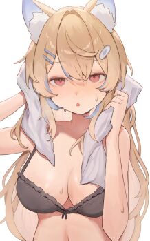 1girl after_bathing animal_ears black_bra blonde_hair blue_hair bra breasts dog_ears dog_girl drying drying_hair drying_own_hair fuwawa_abyssgard hair_ornament hairclip highres holding holding_towel hololive hololive_english large_breasts navel parallel_hairclips pink_eyes simple_background stomach szuukie towel underwear virtual_youtuber white_background