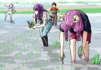 1boy 3girls aura_(sousou_no_frieren) bent_over boots commentary contemporary day fern_(sousou_no_frieren) frieren horns knee_boots long_hair mud multiple_girls outdoors overalls pink_hair ponytail purple_hair red_hair rice_paddy rice_planting rubber_boots short_hair short_shorts shorts sousou_no_frieren stark_(sousou_no_frieren) torako_(toramaru)
