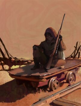 1girl absurdres bandages barbed_wire black_boots bolivia boots cape commentary dusk english_commentary eyepatch flatcar full_body gloves grass gun highres holding holding_gun holding_weapon hood hooded_cape knee_up light_frown looking_ahead military original outdoors polilla polivia railroad_tracks rifle rubber_boots scar scar_across_eye scar_on_face scope serious shadow sidelighting sitting sleeve_zipper solo weapon wide_shot