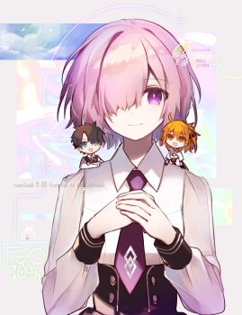 1boy 2girls :d black_gloves black_hair black_vest blue_eyes brown_eyes chibi collared_shirt cyawa dress fate/grand_order fate_(series) fujimaru_ritsuka_(female) fujimaru_ritsuka_(female)_(fgo_fes._2025) fujimaru_ritsuka_(male) fujimaru_ritsuka_(male)_(fgo_fes._2025) gloves hair_between_eyes hair_over_one_eye highres long_sleeves looking_at_viewer mash_kyrielight mash_kyrielight_(fgo_fes._2025) mini_person miniboy minigirl multiple_girls necktie open_mouth orange_hair own_hands_together pink_hair puffy_long_sleeves puffy_sleeves purple_eyes purple_necktie shirt short_hair short_sleeves signature smile vest watermark white_dress white_shirt