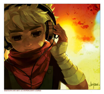 1boy bandana bastion headphones jen_zee tagme the_kid_(bastion) white_hair