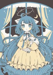 Rule 34 | 1girl, blue eyes, blue hair, blue skirt, blush stickers, collared dress, colored skin, curtains, dress, fffuyuko, frilled dress, frills, halo, highres, hugging object, indoors, limited palette, long hair, long skirt, looking at viewer, night, open mouth, original, own hands together, pinstripe pattern, pinstripe skirt, sidelocks, skirt, solo, star (sky), stuffed animal, stuffed sheep, stuffed toy, swept bangs, white skin, window, yellow dress
