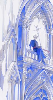 1boy absurdres ahoge arch architecture arm_support black_capelet black_robe black_shoes capelet cassock clerical_collar closed_mouth column cross cross_necklace earrings evl_1230 gothic_architecture highres holding holding_staff jewelry latin_cross looking_down looking_to_the_side machasal male_focus narke_farnese necklace on_railing pillar railing red_sash robe sash shoes short_hair sitting solo staff waist_sash white_hair wide_shot