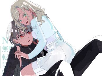 2girls :d averting_eyes bike_shorts bike_shorts_under_skirt black_pants black_shirt blue_eyes blue_jacket breasts ceras_yanagida_lilienfeld ceras_yanagida_lilienfeld_(summer_training_wear) detached_sleeves edel_note grey_hair hair_ribbon jacket katsuragi_izumi katsuragi_izumi_(summer_training_wear) large_breasts link!_like!_love_live! long_hair long_sleeves love_live! matsui_ibuki miniskirt multiple_girls nervous_smile official_alternate_costume open_clothes open_jacket open_mouth orange_eyes pants parted_lips pink_ribbon pleated_skirt purple_shirt purple_shorts ribbon shirt shorts shorts_under_skirt simple_background sitting sitting_on_person skirt slit_pupils smile sweatdrop twitter_username virtual_youtuber watermark wavy_hair white_background white_skirt