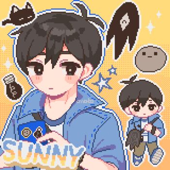 1boy amenbopotupotu animal antenna_hair artist_name bag bare_arms black_bag black_cat black_eyes black_hair blue_jacket blue_shirt blue_shoes bright_pupils brown_pants cat character_bag character_name chibi chibi_inset closed_mouth collared_jacket denim denim_jacket double-parted_bangs expressionless hair_behind_ear hair_between_eyes halftone halftone_background hands_up hashtag-only_commentary hector_(omori) highres holding holding_phone jacket light_bulb looking_at_viewer male_focus mewo no_nose official_alternate_costume omori open_clothes open_jacket outline pants phone pixel_art rock shirt shoes short-sleeved_jacket short_hair short_sleeves shoulder_bag simple_background solo something_(omori) sparkle star_(symbol) striped_clothes striped_shirt sunny_(birthday)_(omori) sunny_(omori) two-tone_shirt upper_body very_short_hair watch white_outline white_pupils white_shirt wristwatch yellow_background