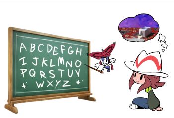 2girls alphabet brown_hair chalkboard closed_mouth commentary drink_carton english_commentary floette floette_(eternal) flower gen_6_pokemon green_jacket harmony_(pokemon) hat highres holding holding_flower jacket long_sleeves milk_carton multiple_girls nintendo pants pokemon pokemon_(creature) pokemon_legends:_z-a shoes short_hair simple_background smile speech_bubble thecappuccino04 thought_bubble white_hat