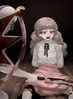 1boy 1girl amputee arms_behind_back bald black_ribbon blood blood_on_leg bloody_knife bone commentary dark face_piercing facial_tattoo fear_&amp;_hunger fear_&amp;_hunger_(series) fear_&amp;_hunger_2:_termina frilled_shirt_collar frills grey_eyes grey_hair guro head_tattoo highres holding holding_knife imminent_amputation janitor_(fear_&amp;_hunger) knife lilio long_hair long_sleeves marina_(fear_&amp;_hunger) mouth_piercing neck_ribbon open_mouth piercing pink_socks ribbon shirt shirt_tucked_in sitting socks surprised symbol-only_commentary tattoo teeth twintails upper_teeth_only white_shirt wooden_floor yellow_eyes