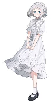 Rule 34 | 1girl, artist name, black shoes, blue eyes, blue ribbon, braid, closed mouth, collar, collared dress, dress, floating hair, frilled collar, frilled dress, frills, full body, gakuen idolmaster, grey hair, hair ribbon, half up braid, highres, idolmaster, katsuragi lilja, looking at viewer, mary janes, migolu, neck ribbon, own hands together, puffy short sleeves, puffy sleeves, puritan collar, ribbon, ribbon braid, shoes, short hair, short sleeves, simple background, smile, socks, solo, standing, twitter username, v arms, waist ribbon, watermark, white background, white ribbon, white socks, wind