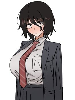 1girl absurdres asai_akira black_eyes black_hair blush breasts highres jacket large_breasts looking_at_viewer mob_face nankyoku_(gfey8832) necktie sanpaku school_uniform shirt short_hair simple_background skirt solo white_background yofukashi_no_uta