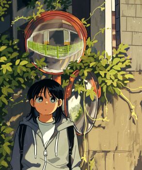 1girl backpack bag black_bag black_eyes black_hair bright_pupils closed_mouth day grey_jacket highres hood hooded_jacket jacket long_sleeves medium_hair original outdoors partially_open_jacket partially_unzipped shirt sihyun25 solo traffic_mirror white_pupils white_shirt zipper_pull_tab