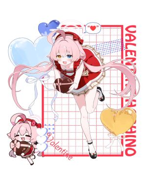 Rule 34 | ahoge, blue archive, blue eyes, fang, hair between eyes, hair ribbon, halo, happy valentine, heart, heterochromia, highres, hoshino (blue archive), long hair, matgandaramjwi, pink hair, pink halo, red ribbon, ribbon, spoken heart, twintails, yellow eyes