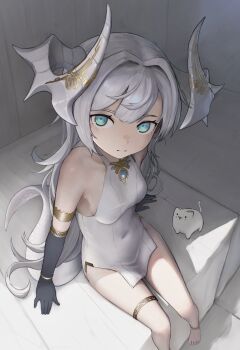 1girl absurdres akemiya_genma anklet armlet bare_shoulders black_gloves blue_eyes blue_gem breasts cat closed_mouth covered_navel dragon_girl dragon_horns dragon_tail dress elbow_gloves from_above gem gloves gold_armlet gold_thighlet grey_hair grey_horns hair_intakes highres horns jewelry long_hair looking_at_viewer original sitting sleeveless sleeveless_dress small_breasts solo tail thighlet white_dress