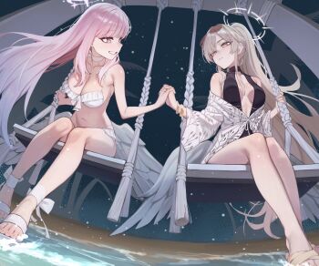 2girls angel_wings bikini black_one-piece_swimsuit blue_archive blush bracelet breasts brown_hair choker chorogon cleavage closed_mouth collarbone commentary_request commission eyewear_on_head feathered_wings frilled_bikini frills full_body gold_bracelet halo highres holding_hands jewelry long_hair looking_at_another low_wings medium_breasts mika_(blue_archive) mika_(swimsuit)_(blue_archive) multiple_girls nagisa_(blue_archive) nagisa_(swimsuit)_(blue_archive) navel official_alternate_costume official_alternate_hairstyle on_swing one-piece_swimsuit parted_lips pink_hair pink_halo sandals skeb_commission smile stomach swimsuit swing white_bikini white_halo white_sandals white_wings wings yellow_eyes