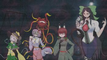 Rule 34 | 4girls, animal ears, asymmetrical legwear, black hair, black pants, blue shirt, bow, braid, capelet, cat ears, cat girl, cat tail, commentary request, dress, glasses, green bow, green capelet, green dress, green eyes, grey hair, grin, hair bow, heart, heart of string, highres, kaenbyou rin, komeiji koishi, komeiji satori, lamppost, long hair, mechanical arms, multiple girls, multiple tails, outdoors, pants, red eyes, reiuji utsuho, sharp teeth, shirt, short sleeves, side braids, single mechanical arm, smile, swing, tail, teeth, third eye, touhou, twin braids, two tails, white shirt, yellow shirt, zoruzorarara