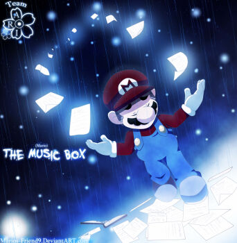 1boy absurdres artist_name big_nose blue_overalls character_name closed_eyes commentary corpsesyndrome english_commentary facial_hair full_body gloves hat highres mario mario_the_music_box mustache overalls paper rain red_hat solo watermark web_address white_gloves