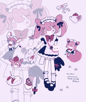 1girl absurdres apple apple_rabbit apron bad_id bad_twitter_id black_dress black_footwear bow chibi closed_mouth commission cone_hair_bun double_bun dress expressionless eyepatch food food_art fpwrs frilled_apron frills fruit full_body hair_bun hairband highres holding holding_stuffed_toy knife lolita_hairband long_hair looking_at_viewer mary_janes original pink_eyes pink_hair puffy_short_sleeves puffy_sleeves apple ribbon shoes short_sleeves socks standing stuffed_animal stuffed_rabbit stuffed_toy teapot twintails twitter_username white_apron white_socks wrist_cuffs zoom_layer