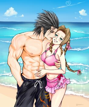 1boy 1girl abs absurdres aerith_gainsborough aerith_gainsborough_(pink_mermaid) bare_arms bare_shoulders beach bikini bikini_skirt black_hair black_swim_trunks blue_eyes blue_sky blush braid braided_ponytail breasts brown_hair cleavage cloud cloudy_sky collarbone commentary_request couple cowboy_shot drill_hair drill_sidelocks final_fantasy final_fantasy_vii final_fantasy_vii:_ever_crisis final_fantasy_vii_rebirth final_fantasy_vii_remake green_eyes grin hair_ribbon hair_slicked_back hand_in_pocket hand_on_another&#039;s_waist height_difference hetero highres horizon hug licking licking_another&#039;s_cheek licking_another&#039;s_face marumaruru5 medium_breasts muscular muscular_male navel ocean official_alternate_costume outdoors parted_bangs parted_lips pectorals pink_bikini pink_ribbon ponytail ribbon sand sidelocks sky smile spiked_hair stomach swimsuit topless_male twitter_username zack_fair zack_fair_(tropical_beach)