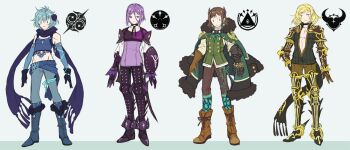 4boys :3 blonde_hair blue_hair brown_hair cape crop_top drag-on_dragoon drag-on_dragoon_3 dress_shirt five_(drag-on_dragoon) flower flower_on_head four_(drag-on_dragoon) full_body fur_trim genderswap genderswap_(ftm) green_background hair_flower hair_ornament long_sleeves looking_at_viewer male_focus mole mole_under_eye multiple_boys pants purple_hair scarf shield shinzui_(fantasysky7) shirt simple_background three_(drag-on_dragoon) two_(drag-on_dragoon) vest white_shirt