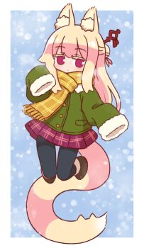 1girl animal_ear_fluff animal_ears black_pantyhose blonde_hair blue_background boots border brown_boots closed_mouth coat fox_ears fox_girl fox_tail full_body fur-trimmed_boots fur-trimmed_sleeves fur_trim green_coat hair_bun hair_ornament hair_stick highres kemomimi-chan_(naga_u) long_hair long_sleeves looking_at_viewer miniskirt naga_u original outside_border pantyhose plaid_clothes plaid_scarf pleated_skirt purple_eyes purple_skirt scarf single_hair_bun skirt sleeves_past_fingers sleeves_past_wrists snowing solo tail thick_eyelashes white_border yellow_scarf