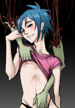 1boy 2d_(gorillaz) blue_hair blush closed_eyes gorillaz guro lowres male_focus nipples smile solo tagme
