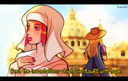 Rule 34 | 1boy, 1girl, artist name, blonde hair, blue scarf, building, commentary, cowboy hat, english commentary, english text, gyro zeppeli, habit, hat, highres, hot pants (sbr), huyandere, jojo no kimyou na bouken, letterboxed, long hair, nun, pink eyes, pink hair, pink lips, pink nails, scarf, signature, sleeves past wrists, steel ball run