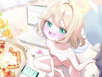 1girl absurdres angel blonde_hair blush breasts cellphone completely_nude computer green_eyes halo highres indian_style laptop loli looking_at_viewer non-web_source nude open_mouth original phone shirt_tug short_hair sitting small_breasts smartphone smile solo sunlight utata_(122)