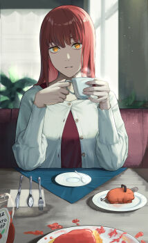 1girl artist_name butter_knife buttons cardigan chainsaw_man chair cup elbow_rest food fork hands_up highres holding holding_cup indoors ketchup_bottle knife light_smile long_hair long_sleeves looking_at_viewer makima_(chainsaw_man) parted_lips plant plate pochita_(chainsaw_man) potted_plant red_hair red_shirt restaurant ringed_eyes saucer shirt sitting solo spoon table teacup teaspoon tooku0 upper_body white_cardigan window yellow_eyes