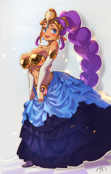 1girl :d ancient_egyptian_clothes bare_shoulders blue_eyes blue_skirt blush braid breasts bridal_gauntlets checkered_floor cleavage earrings full_body grey_background highres jewelry large_breasts layered_skirt life_is_pi long_hair long_skirt looking_at_viewer navel open_mouth pointy_ears purple_shoes shantae shantae_(series) shiny_clothes shoes simple_background single_braid skirt smile solo standing strapless uraeus very_long_hair