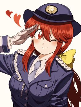 Rule 34 | 1girl, alternate costume, belt, blue jacket, blush, bow, breast pocket, breasts, collar, collared shirt, gloves, hair bow, hat, heart, highres, jacket, kotohime (touhou), long hair, long sleeves, necktie, one eye closed, pocket, police, police hat, police uniform, policewoman, red eyes, red hair, salute, sam browne belt, shirt, shoulder boards, smile, solo, touhou, touhou (pc-98), turtle-kun, very long hair, white background, white collar, white gloves, white shirt, yellow bow