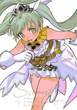 1girl aqua_eyes aqua_hair armor artist_name bare_shoulders cowboy_shot dress frey_(rune_factory) gloves hair_ribbon hashtag-only_commentary headpiece highres leather_armor long_hair mouyi parted_lips ribbon rune_factory rune_factory_4 sample_watermark short_dress sign solo twintails watermark white_background white_dress white_gloves white_ribbon
