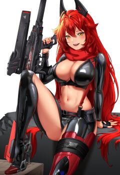 Rule 34 | 1girl, :d, absurdres, anti-materiel rifle, arm support, barrett m82a2, black boots, black gloves, boots, breasts, bullpup, chaps, cleavage, clothing cutout, crop top, cropped jacket, fingerless gloves, gloves, goddess of victory: nikke, gun, hair between eyes, headgear, highres, hip vent, holding, holding weapon, horns, jacket, knee up, large breasts, leather, leather jacket, light blush, long hair, mechanical horns, midriff, navel, open mouth, orange eyes, red hair, red hood (nikke), red scarf, rifle, scarf, sitting, smile, sniper rifle, solo, syde b, unzipped, very long hair, weapon, zipper