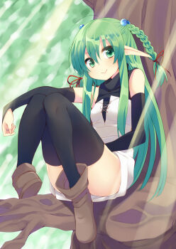 1girl ankle_boots ass bare_shoulders black_thighhighs boots braid bridal_gauntlets brown_boots convenient_censoring convenient_leg dress female_focus green_eyes green_hair hair_bobbles hair_ornament hair_ribbon highres in_tree legs_up long_hair matching_hair/eyes nigo_(aozoragarou) no_panties original pointy_ears ribbon sitting sitting_in_tree sleeveless sleeveless_dress smile solo thighhighs tree turtleneck twin_braids very_long_hair white_dress zettai_ryouiki