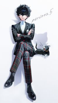 1boy absurdres amamiya_ren bishounen black_cat black_hair black_jacket black_shoes blazer breast_pocket cat copyright_name crossed_arms crossed_legs different_shadow dress_shoes emblem english_text highres invisible_chair jacket male_focus morgana_(cat)_(persona_5) morgana_(persona_5) no_eyewear pants persona persona_5 plaid_clothes plaid_pants pocket school_uniform shirt shoes shuujin_academy_school_uniform sitting themoonrabbit turtleneck turtleneck_shirt tuxedo_cat white_shirt yawning yellow_collar