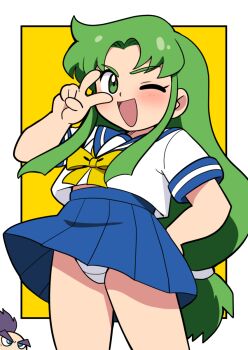 1boy 1girl blue_eyes blue_skirt blush bow bowtie breasts character_request crotch_seam ganbare_goemon green_eyes green_hair hand_on_own_hip konami large_breasts long_hair one_eye_closed open_mouth panties school_uniform shirt short_sleeves skirt smile standing topknot underwear v white_background white_panties white_shirt wind wind_lift wink yae_(ganbare_goemon) yellow_bow yellow_bowtie yume_yoroi