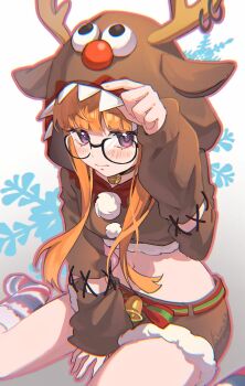1girl animal_costume animal_hood antlers artist_name bell belt between_legs black-framed_eyewear blunt_bangs blush brown_hoodie brown_shorts christmas closed_mouth commentary commentary_request cropped_hoodie dated fake_antlers foot_out_of_frame fur-trimmed_hoodie fur-trimmed_shorts fur_trim glasses gradient_background grey_background hand_between_legs hashtag-only_commentary highres holding_hood hood hood_up hoodie horn_piercing horns jingle_bell long_hair long_sleeves looking_at_viewer midriff navel neck_bell orange_hair outline persona persona_5 pink_outline purple_eyes qianyewuli reindeer_antlers reindeer_costume reindeer_hood sakura_futaba short_shorts shorts sidelocks sitting snowflake_background socks solo stitched_sleeves striped_clothes striped_socks symbol-only_commentary wariza wavy_mouth