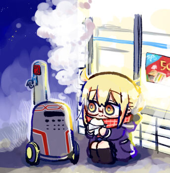1girl artoria_pendragon_(fate) black_socks blonde_hair blue_sky blush braid brown-framed_eyewear brown_eyes building chibi commentary_request convenience_store eating fate/grand_order fate_(series) food glasses hair_between_eyes hair_bun holding holding_food hood hood_down hooded_jacket jacket kasuga_yuuki kneehighs mysterious_heroine_x_alter_(fate) night outdoors purple_jacket red_scarf scarf semi-rimless_eyewear shop sitting sky socks solo steam steamed_bun under-rim_eyewear