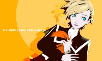 2girls absurdres black_sailor_collar black_shirt blonde_hair blue_eyes bow closed_mouth dual_persona emi_puff english_text highres lisa_silverman looking_to_the_side multiple_girls orange_background orange_bow persona persona_2 persona_2_tsumi sailor_collar school_uniform seven_sisters_high_school_uniform shadow_lisa shirt short_hair smile turtleneck watch wristwatch yellow_eyes