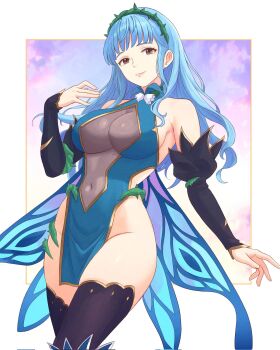 1girl alternate_costume bare_shoulders black_sleeves black_thighhighs blue_hair breasts brown_eyes cape closed_mouth commentary cosplay covered_navel detached_sleeves dress english_commentary fairy_wings female_corrin_(fire_emblem) female_corrin_(fire_emblem)_(cosplay) female_corrin_(resplendent)_(fire_emblem) fire_emblem fire_emblem:_three_houses fire_emblem_heroes hair_vines hairband highres large_breasts long_hair looking_at_viewer marianne_von_edmund nintendo second-party_source see-through_clothes see-through_cutout smile solo thighhighs thighs thorns truejekart wing_cape wings