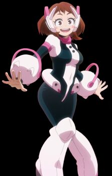 1boy 1girl belt black_background black_bodysuit blush_stickers bodysuit boku_no_hero_academia boots breasts brown_eyes brown_hair collar dot_nose female_focus headpiece highres large_breasts long_sleeves looking_at_viewer medium_hair multicolored_bodysuit open_mouth pants pink_belt pink_bodysuit pink_boots pink_collar sexually_suggestive simple_background skin_tight smile solo solo_focus superhero_costume teeth tight_clothes tight_pants two-tone_bodysuit upper_teeth_only uraraka_ochako uraraka_ochako_(hero_outfit)