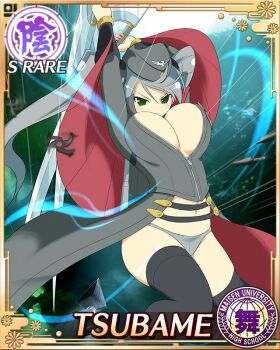 1girl arms_up aura black_thighhighs border breasts card_(medium) character_name cleavage closed_mouth dual_wielding game_cg green_eyes grey_hair grey_jacket grey_panties holding holding_sword holding_weapon jacket kunai large_breasts long_hair motion_lines navel official_art panties partially_unzipped senran_kagura senran_kagura_new_wave shuriken solo swept_bangs swinging_weapon sword thighhighs third-party_source tsubame_(senran_kagura) twintails underwear very_long_hair weapon
