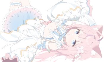 Rule 34 | 1girl, absurdres, animal ear fluff, animal ears, blue bow, blue bowtie, blue eyes, blunt bangs, bow, bowtie, breasts, cat ears, cat girl, cleavage, commentary request, cowboy shot, dot nose, dress, frilled dress, frilled thigh strap, frills, highres, long hair, long sleeves, looking at viewer, medium breasts, open mouth, original, pink bow, pink hair, simple background, sleeves past fingers, sleeves past wrists, solo, thigh strap, urotsuki (ku9625), white background, white dress, wide sleeves