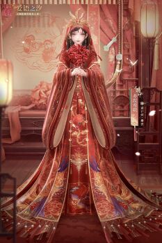 1girl 3d architecture bird black_hair bouquet bug butterfly chinese_clothes closed_mouth crimson_phoenix_(shining_nikki) crown earrings east_asian_architecture expressionless eyelashes eyeshadow facial_mark feathers flower forehead_mark full_body gold_crown gold_earrings grey_eyes hanfu highres holding holding_bouquet insect jewelry lipstick long_hair long_sleeves makeup nikki_(series) official_art phoenix red_eyeshadow red_flower red_hanfu red_lips red_robe red_veil robe shining_nikki sidelocks solo standing tassel third-party_source veil wide_sleeves