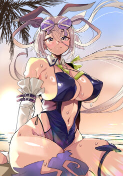 1girl absurdres animal_ears bare_shoulders beach black_one-piece_swimsuit blush breasts cleavage commentary_request covered_erect_nipples detached_collar detached_sleeves doridor eyewear_on_head fake_animal_ears fate/grand_order fate_(series) grey_eyes grey_hair hair_between_eyes hair_ornament hair_rings hairclip highleg highleg_one-piece_swimsuit highres huyan_zhuo_(fate) huyan_zhuo_(swimsuit_berserker)_(fate) large_breasts long_hair looking_at_viewer low_twintails navel necktie one-piece_swimsuit plunging_neckline smile solo sunglasses swimsuit thigh_strap thighs twintails very_long_hair wet