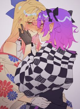 2girls absurdres black_bow black_bowtie black_gloves black_kimono blonde_hair blue_bow blush bow bowtie checkered_clothes checkered_kimono commentary couple demon_girl english_commentary fishnet_gloves fishnets floral_print gloves gradient_hair green_eyes hair_bow hair_ornament hairclip hand_on_another's_face hand_on_another's_waist highres hololive japanese_clothes kimono legzy licking_lips long_hair looking_at_another medium_hair momosuzu_nene momosuzu_nene_(new_year) multicolored_hair multiple_girls off_shoulder official_alternate_costume official_alternate_hairstyle pink_hair pointy_ears purple_hair shirt sidelocks sleeveless sleeveless_shirt tokoyami_towa tokoyami_towa_(new_year) tongue tongue_out two-tone_kimono upper_body virtual_youtuber white_background white_gloves white_kimono white_shirt yuri
