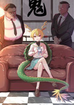 1girl 2boys aqua_skirt armchair blonde_hair blue_skirt chair commentary_request crossed_legs cup dragon_horns dragon_tail formal_clothes futa_(nabezoko) green_scales highres holding holding_cup horns katana kicchou_yachie long_sleeves looking_at_viewer multiple_boys neckerchief necktie open_mouth otter otter_spirit_(touhou) pleated_skirt red_eyes sailor_collar sailor_shirt school_uniform serafuku shirt shoes short_hair skirt smile socks sword tail teacup touhou turtle_shell weapon white_sailor_collar white_shirt white_socks yakuza yellow_horns